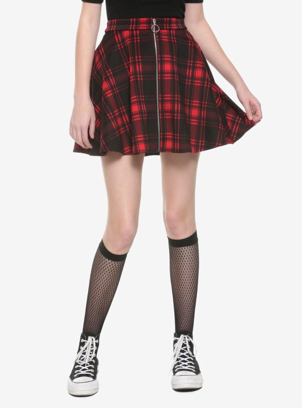 Hot Topic Plaid O-Ring Skater Skirt Womens L Red Black Front Zip Pockets Stretch